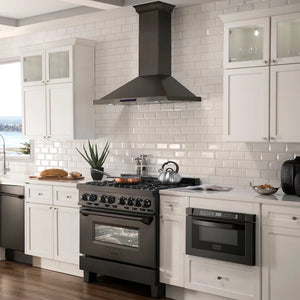 ZLINE 36 in. CrownSound™ Ducted Vent Wall Mount Range Hood in Black Stainless Steel with Built-in Bluetooth Speakers (BSKBNCRN-BT-36) in a luxury kitchen.