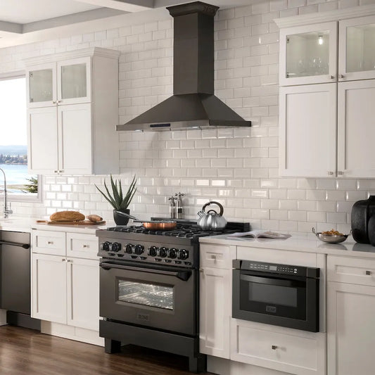 ZLINE 36 in. CrownSound™ Ducted Vent Wall Mount Range Hood in Black Stainless Steel with Built-in Bluetooth Speakers (BSKBNCRN-BT-36) in a luxury kitchen.