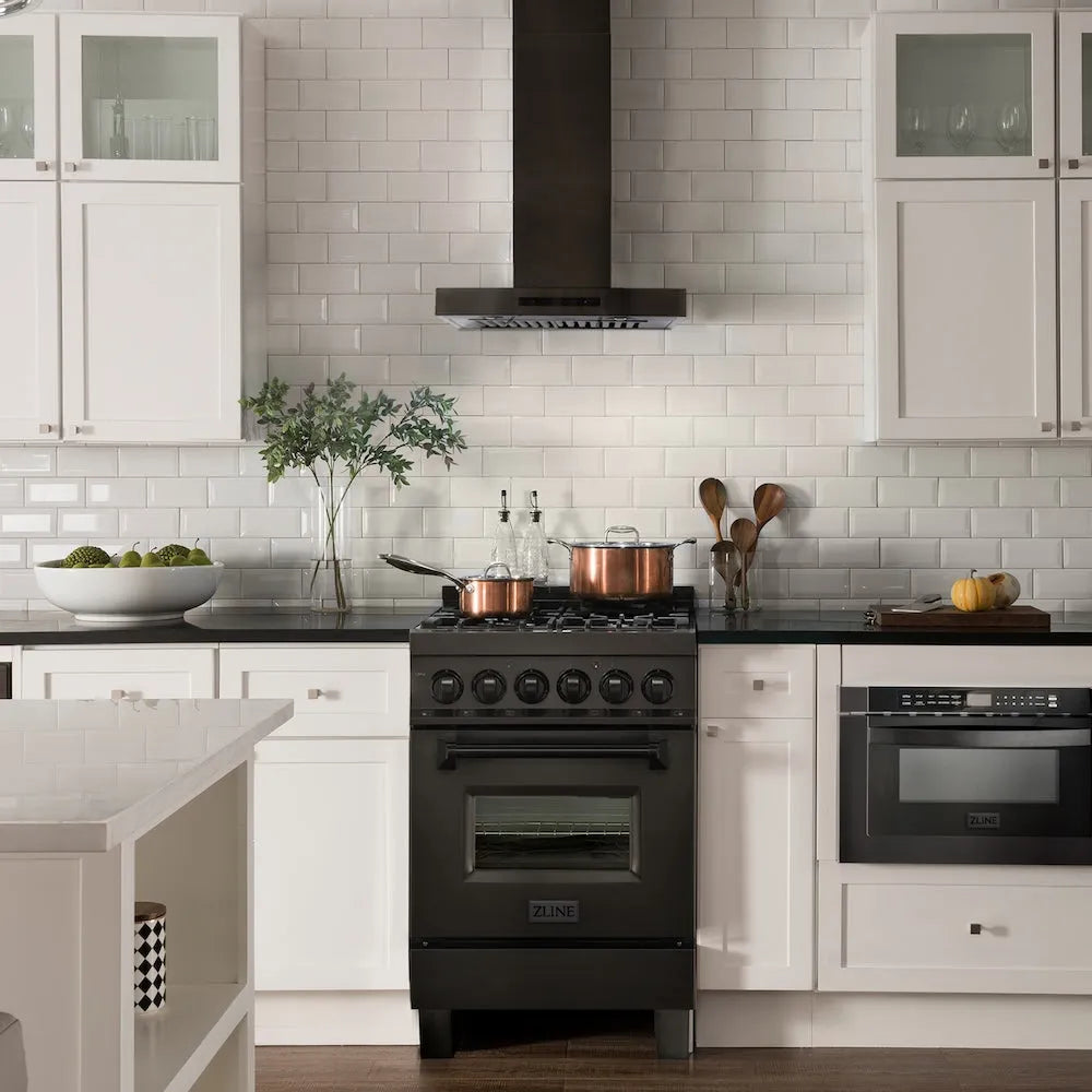 ZLINE 24 in. Convertible Vent Wall Mount Range Hood in Black Stainless Steel (BSKEN-24) in a luxury kitchen.