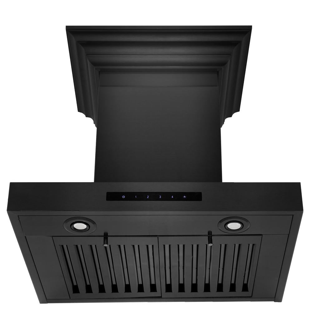 ZLINE 30 in. Convertible Vent Wall Mount Range Hood in Black Stainless Steel with Crown Molding (BSKENCRN-30) front, under.