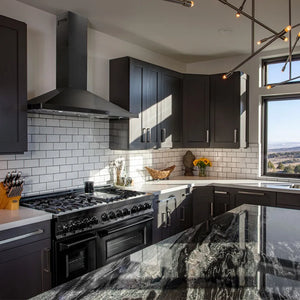 ZLINE 48 in. Convertible Vent Wall Mount Range Hood in Black Stainless Steel (BSKBN-48) in a luxury kitchen.