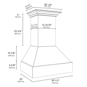 ZLINE 30 in. Wooden Wall Mount Range Hood in Rustic Black Finish (355CC-30) dimensional diagram.