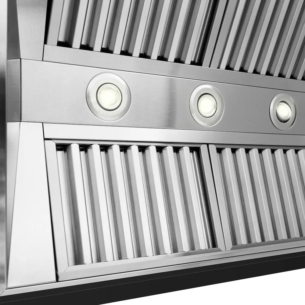 ZLINE 36 in. Wooden Wall Mount Range Hood in Rustic Black Finish (355CC-36) lights.
