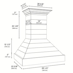 ZLINE 30 in. Wooden Wall Mount Range Hood in Rustic Shiplap Black Finish with Stainless Steel Accents (365CC-30) dimensional diagram.