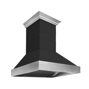 ZLINE 30 in. Wooden Wall Mount Range Hood in Rustic Shiplap Black Finish with Stainless Steel Accents (365CC-30) side, under.