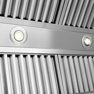 ZLINE 36 in. Wooden Wall Mount Range Hood in Rustic Shiplap Black Finish with Stainless Steel Accents (365CC-36) lights.