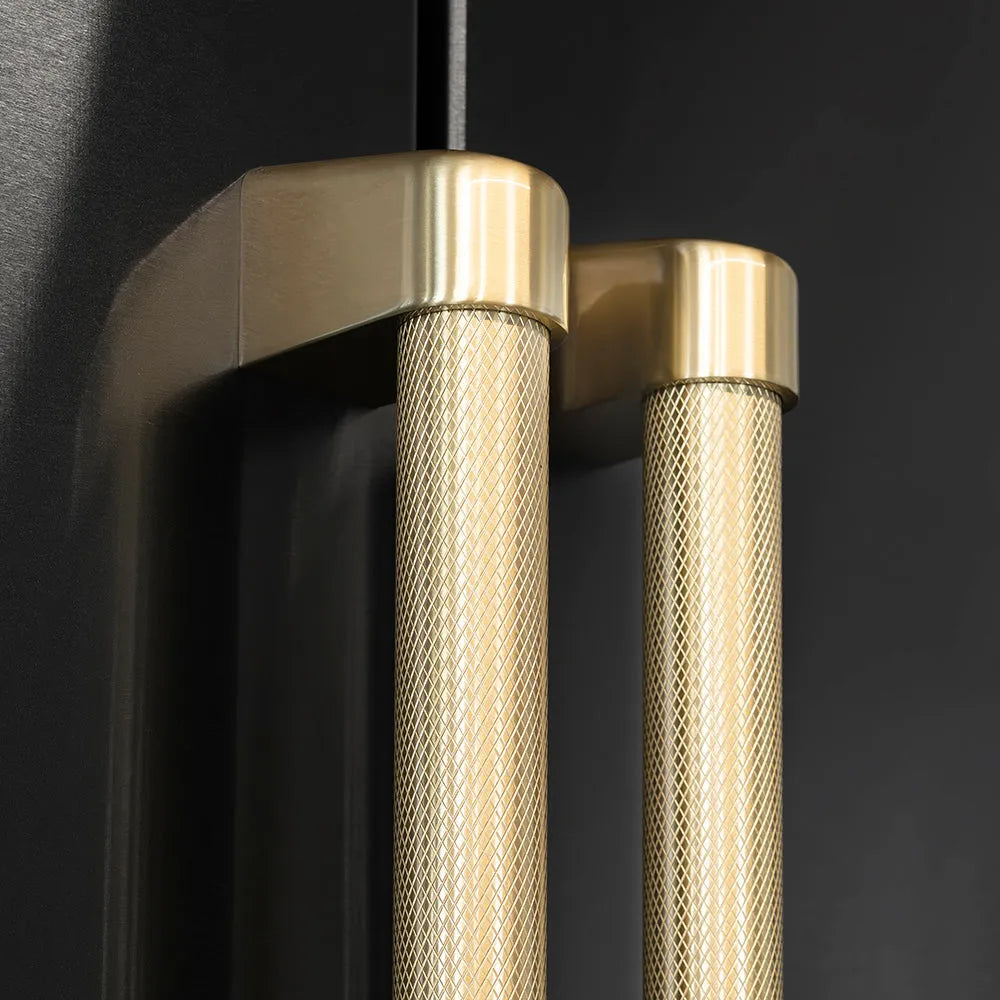 ZLINE Autograph Edition 36 in. 28.9 cu. ft. Standard-Depth French Door External Water Dispenser Refrigerator with Dual Ice Maker in Fingerprint-Resistant Black Stainless Steel and Champagne Bronze Helix Handles (RSMZ-W36-BS-KCB) two Helix handles on refrigerator exterior showing knurled diamond texture.