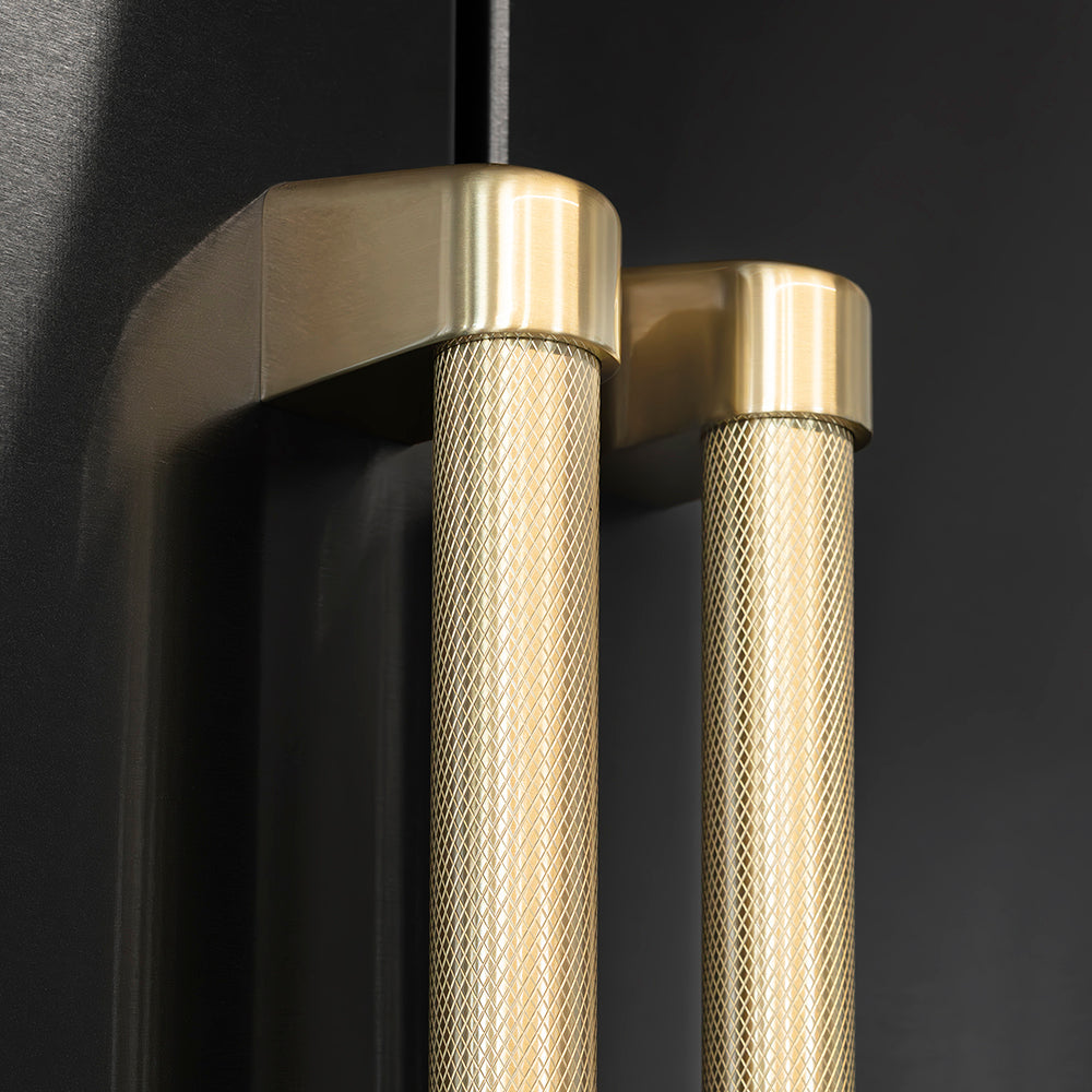 ZLINE Autograph Edition 72 in. 39.6 cu. ft. French Door Built-In Bottom Freezer Refrigerator with Water Dispensers and Ice Makers in Black Stainless Steel with Graphite Gray Interior and Champagne Bronze Helix Handles (GRBITZ-BS72-KCB) two Helix handles on refrigerator exterior showing knurled diamond texture.