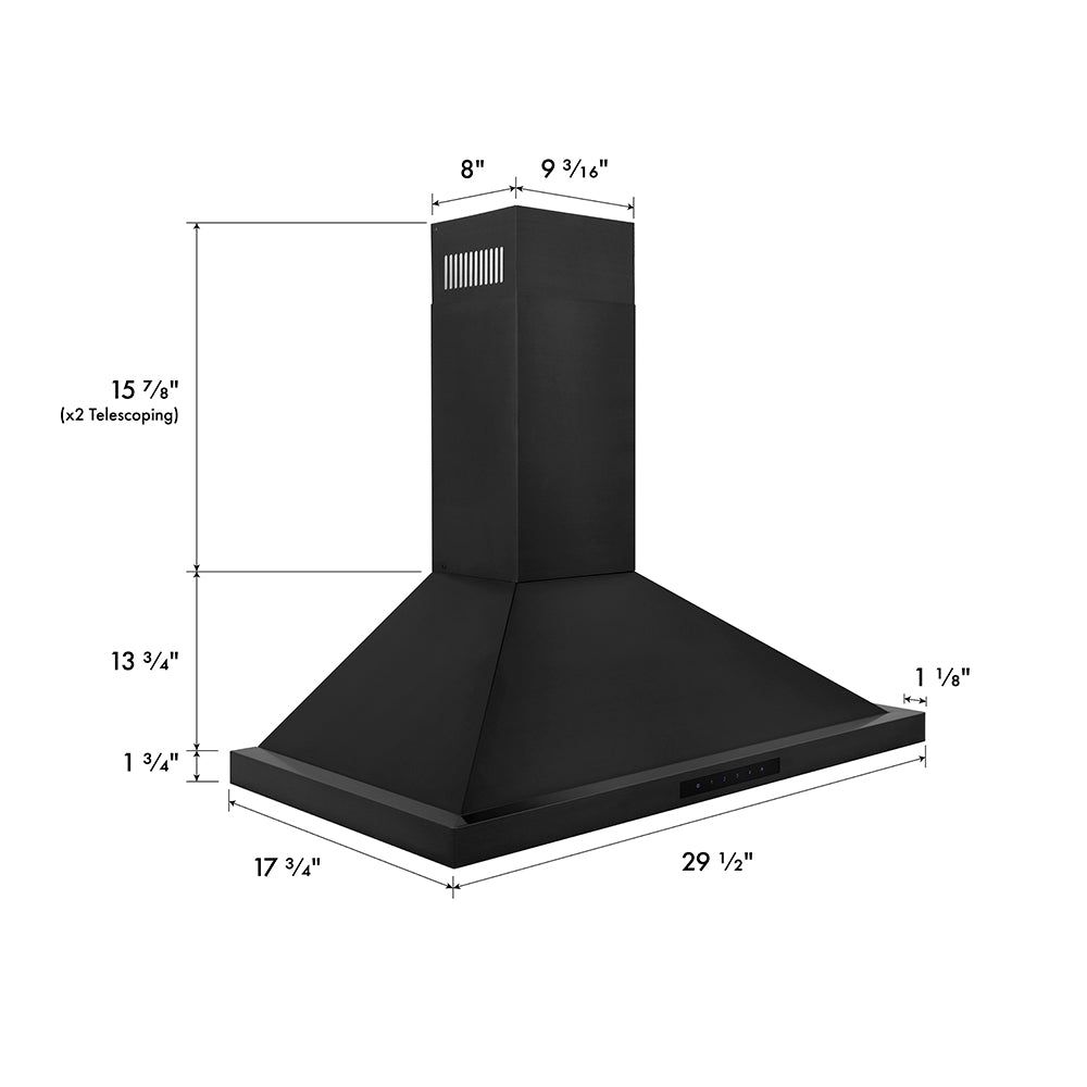 ZLINE 30 in. Convertible Vent Wall Mount Range Hood in Black Stainless Steel (BSKBN-30) dimensional diagram with measurements.