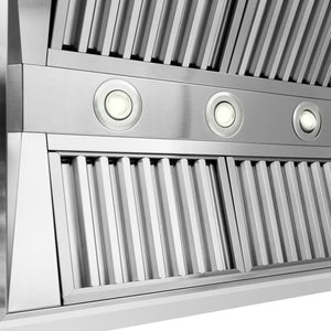 ZLINE 30 in. Wooden Wall Mount Range Hood in Rustic Bright White Finish (355WW-30) baffle filters and LED lighting.