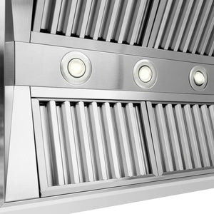 ZLINE 30 in. Wooden Wall Mount Range Hood in Rustic Bright White Finish (355WW-30) baffle filters and LED lighting.