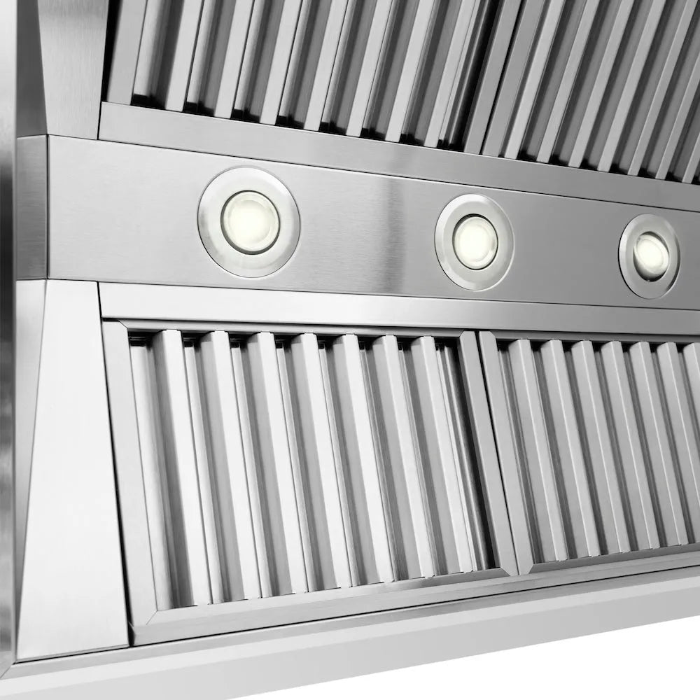 ZLINE 36 in. Wooden Wall Mount Range Hood in Rustic Bright White Finish (355WW-36) baffle filters and LED lighting.