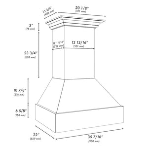 ZLINE 36 in. Wooden Wall Mount Range Hood in Rustic Bright White Finish (355WW-36) dimensional diagram.