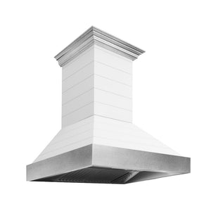 ZLINE 30 in. Wooden Wall Mount Range Hood in Rustic Shiplap Bright White Finish with Stainless Steel Accents (365WW-30) side, under.