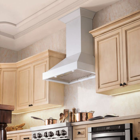 ZLINE 30 in. Wooden Wall Mount Range Hood in Smooth Bright White Finish (KBWW-30) in a luxury kitchen.