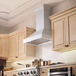 ZLINE 36 in. Wooden Wall Mount Range Hood in Smooth Bright White Finish (KBWW-36) in a luxury kitchen.