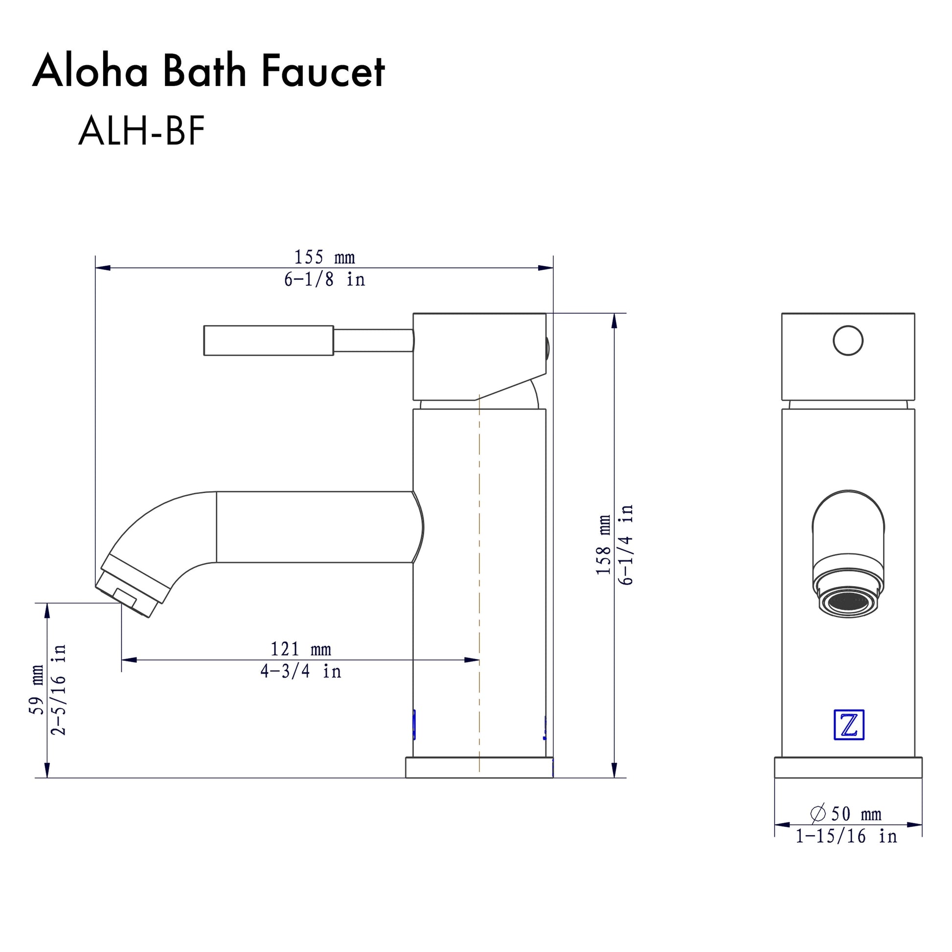 ZLINE Aloha Single Handle Bath Faucet in Brushed Nickel (ALH-BF-BN) dimensional diagram.