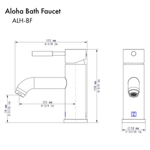 ZLINE Aloha Single Handle Bath Faucet in Brushed Nickel (ALH-BF-BN) dimensional diagram.