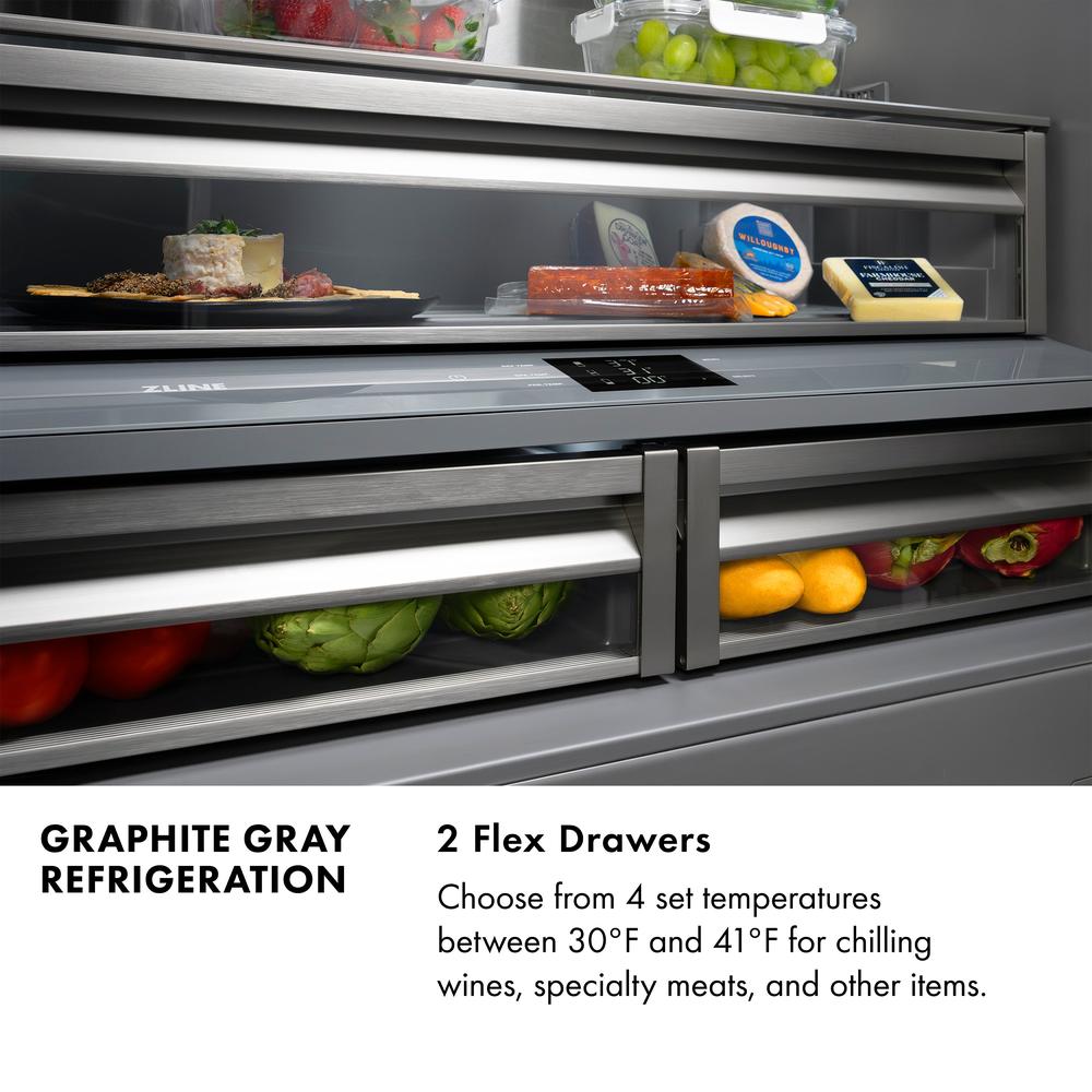 Graphite Gray Refrigeration. 2 Flex Drawers. Text: Choose from 4 set temperatures between 30 degrees Fahrenheit and 41 degrees Fahrenheit for chilling wines, meats, and other specialty items.