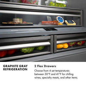 Graphite Gray Refrigeration. 2 Flex Drawers. Text: Choose from 4 set temperatures between 30 degrees Fahrenheit and 41 degrees Fahrenheit for chilling wines, meats, and other specialty items.