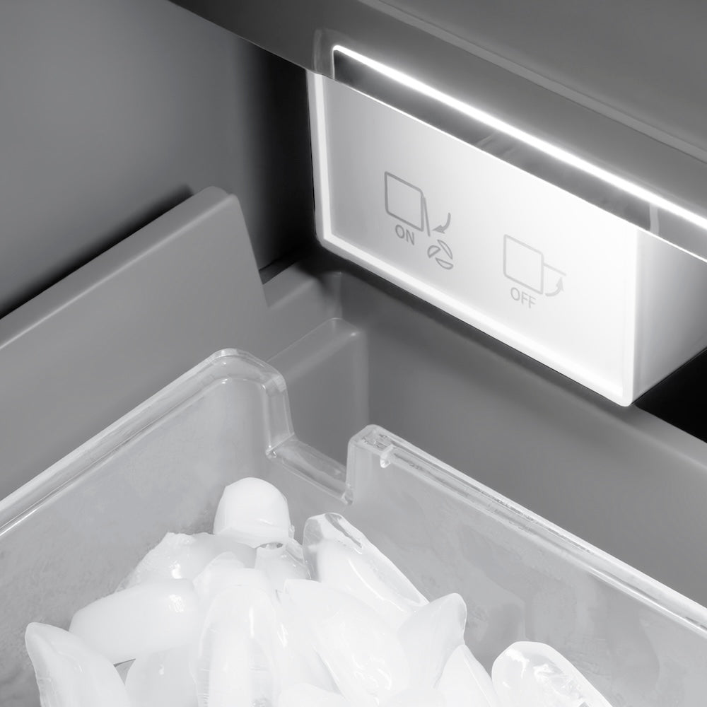 ZLINE 24 in. 12.4 cu. ft. Column Freezer in Black Stainless Steel with Graphite Gray Interior (RCFV-BS-24) ice in ice maker.