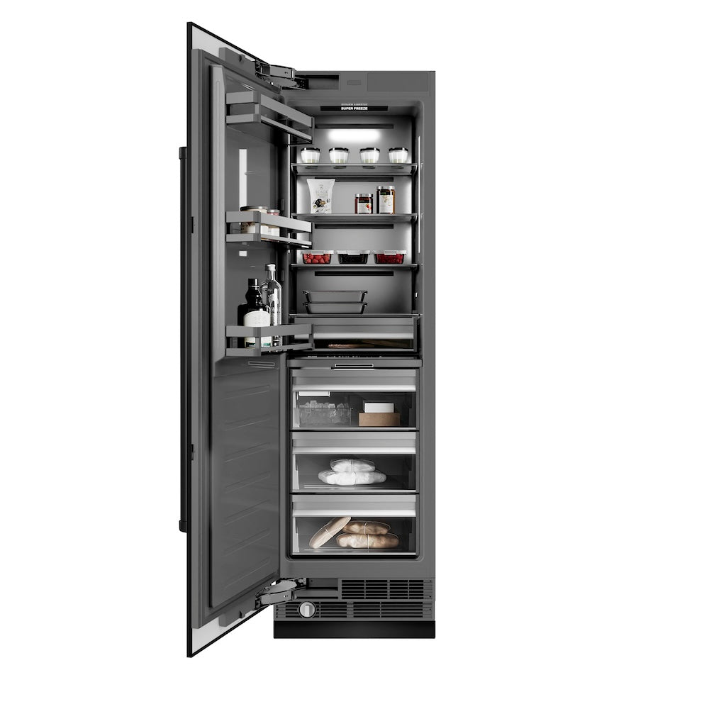 ZLINE 24 in. 12.4 cu. ft. Column Freezer in Black Stainless Steel with Graphite Gray Interior (RCFV-BS-24) front, open, with food inside.