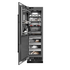 ZLINE 24 in. 12.4 cu. ft. Column Freezer in Black Stainless Steel with Graphite Gray Interior (RCFV-BS-24) front, open, with food inside.