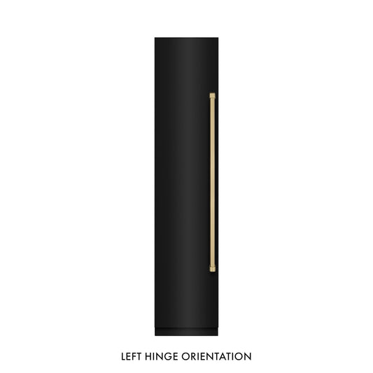 ZLINE Autograph Edition 18 in. 8.6 cu. ft. Left Hinge Column Freezer in Black Stainless Steel with Graphite Gray Interior and Champagne Bronze Accents (RCFVLZ-BS-18-CB) front, closed.