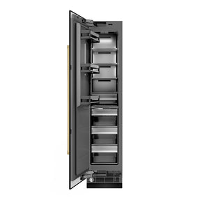 ZLINE Autograph Edition 18 in. 8.6 cu. ft. Left Hinge Column Freezer in Black Stainless Steel with Graphite Gray Interior and Polished Gold Accents (RCFVLZ-BS-18-G) front, open.