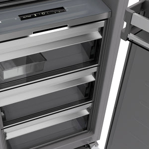 ZLINE Autograph Edition 18 in. 8.6 cu. ft. Right Hinge Column Freezer in Black Stainless Steel with Graphite Gray Interior and Polished Gold Accents (RCFVRZ-BS-18-G) drawers.