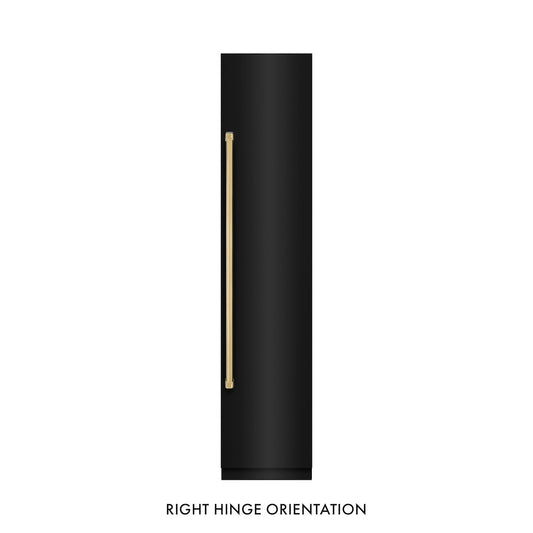 ZLINE Autograph Edition 18 in. 8.6 cu. ft. Right Hinge Column Freezer in Black Stainless Steel with Graphite Gray Interior and Polished Gold Accents (RCFVRZ-BS-18-G) front, closed.