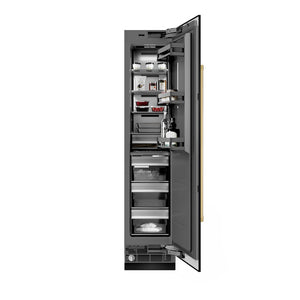 ZLINE Autograph Edition 18 in. 8.6 cu. ft. Right Hinge Column Freezer in Black Stainless Steel with Graphite Gray Interior and Polished Gold Accents (RCFVRZ-BS-18-G) front, open, with food inside.