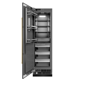 ZLINE Autograph Edition 24 in. 12.4 cu. ft. Column Freezer in Black Stainless Steel with Graphite Gray Interior and Champagne Bronze Accents (RCFVZ-BS-24-CB) front, open.