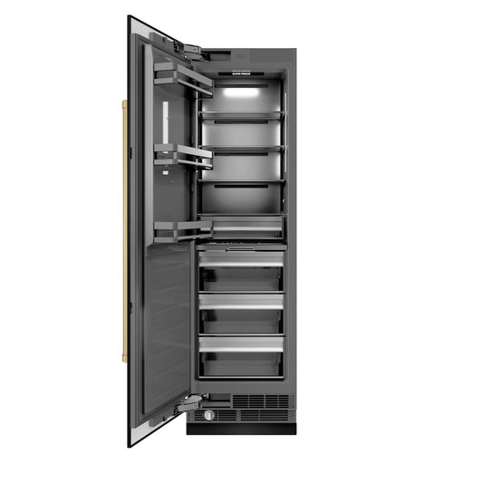 ZLINE Autograph Edition 24 in. 12.4 cu. ft. Column Freezer in Black Stainless Steel with Graphite Gray Interior and Champagne Bronze Accents (RCFVZ-BS-24-CB) front, open.