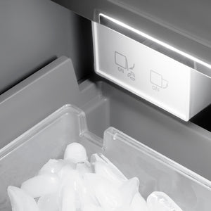 ZLINE Autograph Edition 24 in. 12.4 cu. ft. Column Freezer in Black Stainless Steel with Graphite Gray Interior and Polished Gold Accents (RCFVZ-BS-24-G) ice in ice maker.