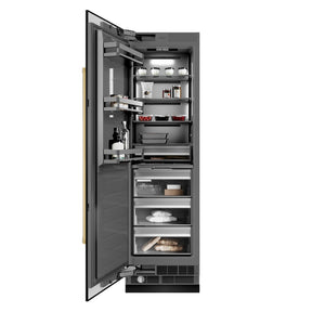ZLINE Autograph Edition 24 in. 12.4 cu. ft. Column Freezer in Black Stainless Steel with Graphite Gray Interior and Polished Gold Accents (RCFVZ-BS-24-G) front, open, with food inside.