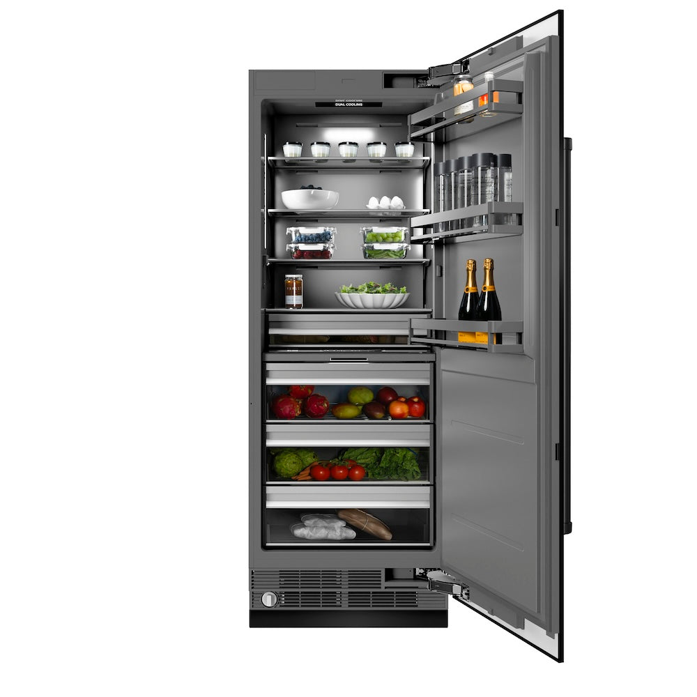 ZLINE 30 in. 16.7 cu. ft. Column Refrigerator in Black Stainless Steel with Graphite Gray Interior (RCRV-BS-30) front, open, with food inside.