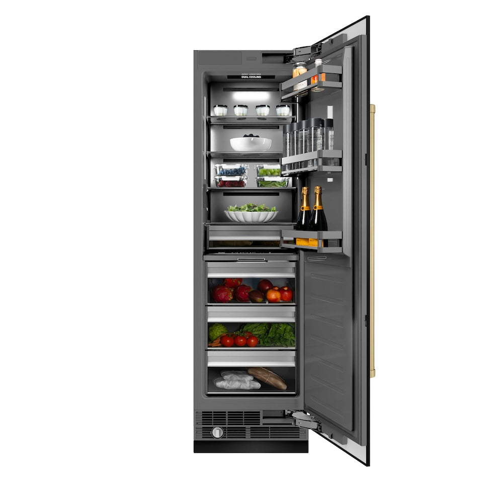 ZLINE Autograph Edition 24 in. 12.5 cu. ft. Column Refrigerator in Black Stainless Steel with Graphite Gray Interior and Champagne Bronze Accents (RCRVZ-BS-24-CB) front, open, with food inside.