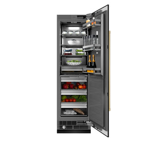 ZLINE Autograph Edition 24 in. 12.5 cu. ft. Column Refrigerator in Black Stainless Steel with Graphite Gray Interior and Champagne Bronze Accents (RCRVZ-BS-24-CB) front, open, with food inside.