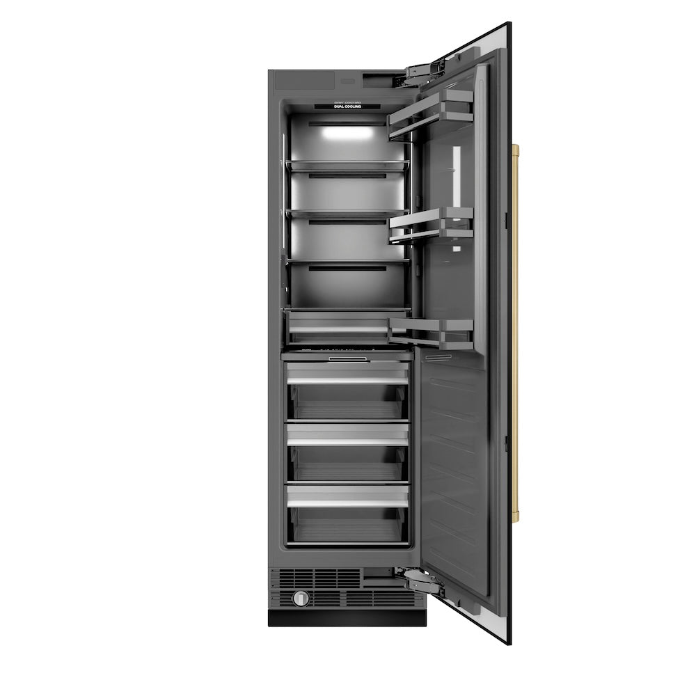 ZLINE Autograph Edition 24 in. 12.5 cu. ft. Column Refrigerator in Black Stainless Steel with Graphite Gray Interior and Champagne Bronze Accents (RCRVZ-BS-24-CB) front, open.