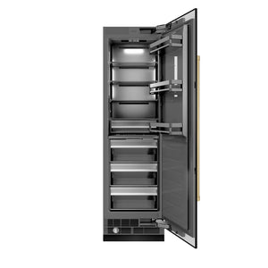 ZLINE Autograph Edition 24 in. 12.5 cu. ft. Column Refrigerator in Black Stainless Steel with Graphite Gray Interior and Champagne Bronze Accents (RCRVZ-BS-24-CB) front, open.