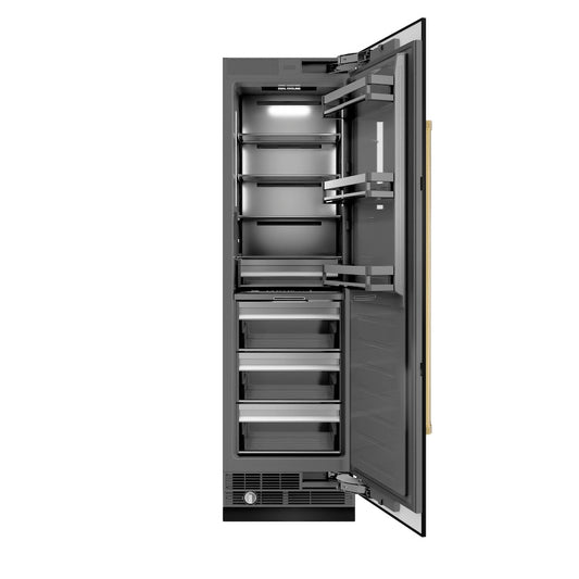 ZLINE Autograph Edition 24 in. 12.5 cu. ft. Column Refrigerator in Black Stainless Steel with Graphite Gray Interior and Polished Gold Accents (RCRVZ-BS-24-G) front, open.