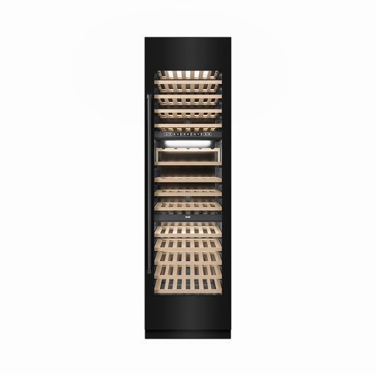 ZLINE 24 in. 12.4 cu. ft. Triple Zone 100 Bottle Column Wine Cooler in Black Stainless Steel (RCWV-BS-24) front, closed.
