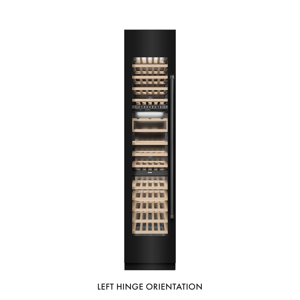 ZLINE 18 in. 9.0 cu. ft. Triple Zone 68 Bottle Left Hinge Column Wine Cooler in Black Stainless Steel (RCWVL-BS-18) front, closed.