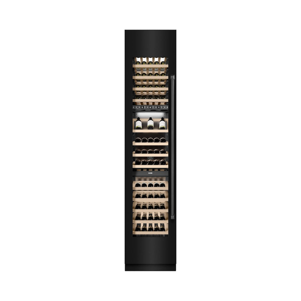 ZLINE 18 in. 9.0 cu. ft. Triple Zone 68 Bottle Left Hinge Column Wine Cooler in Black Stainless Steel (RCWVL-BS-18) front, closed.