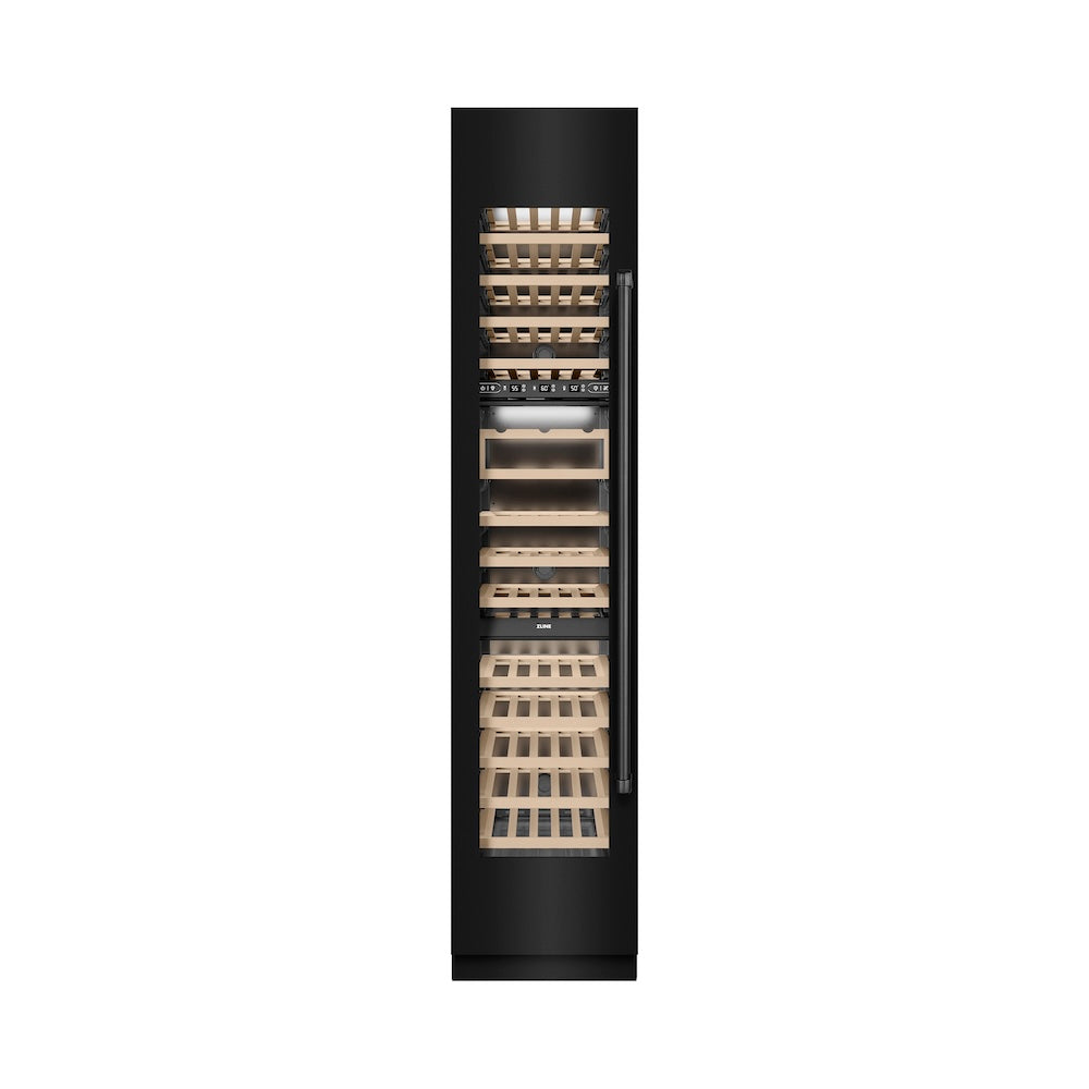 ZLINE 18 in. 9.0 cu. ft. Triple Zone 68 Bottle Left Hinge Column Wine Cooler in Black Stainless Steel (RCWVL-BS-18) front, closed.