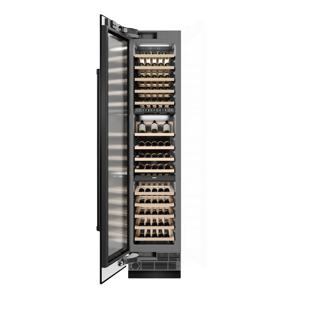 ZLINE 18 in. 9.0 cu. ft. Triple Zone 68 Bottle Left Hinge Column Wine Cooler in Black Stainless Steel (RCWVL-BS-18) front, open.
