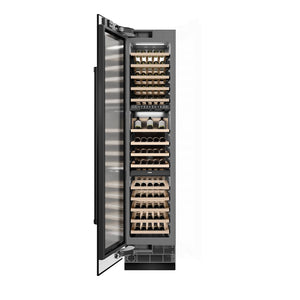 ZLINE 18 in. 9.0 cu. ft. Triple Zone 68 Bottle Left Hinge Column Wine Cooler in Black Stainless Steel (RCWVL-BS-18) front, open.