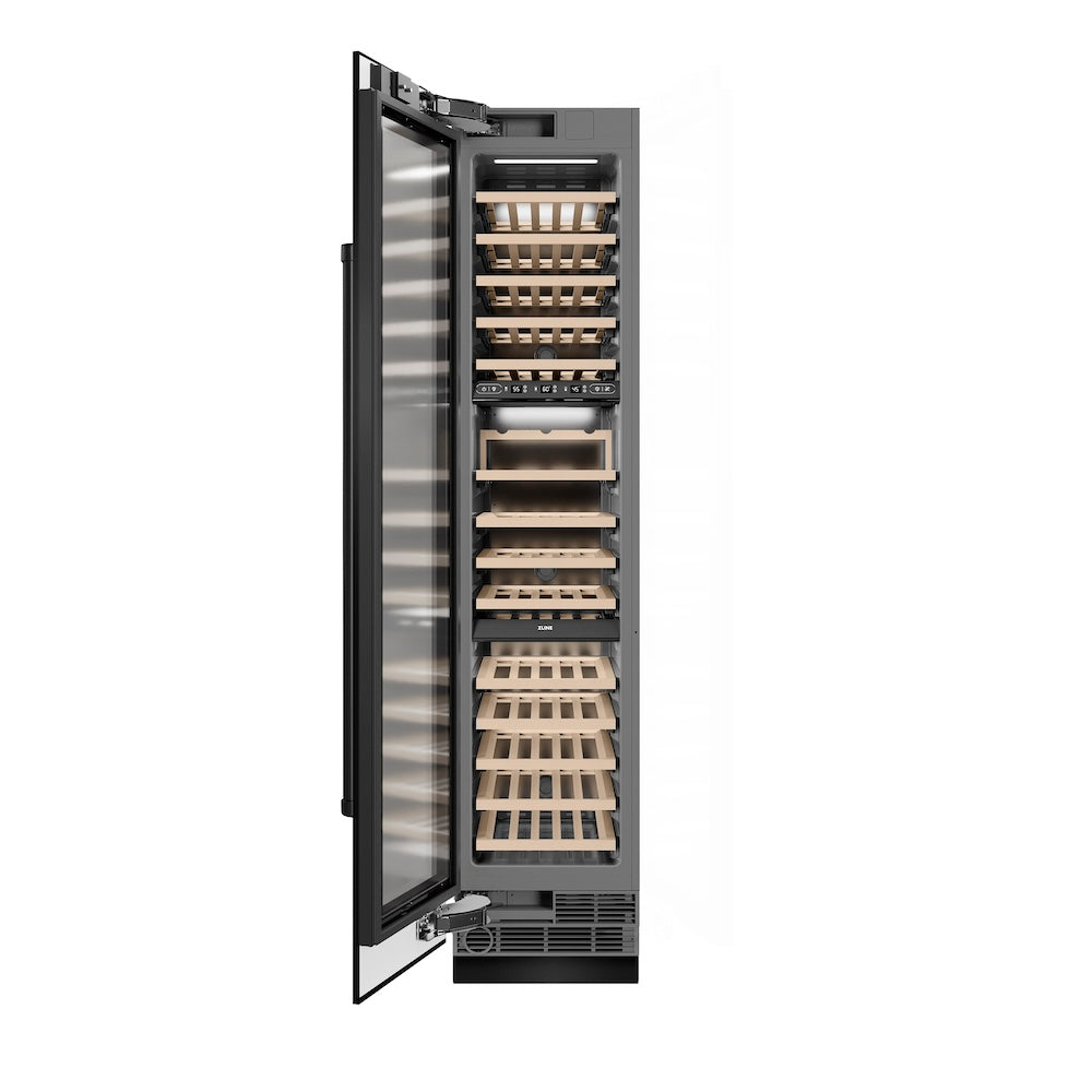 ZLINE 18 in. 9.0 cu. ft. Triple Zone 68 Bottle Left Hinge Column Wine Cooler in Black Stainless Steel (RCWVL-BS-18) front, open.