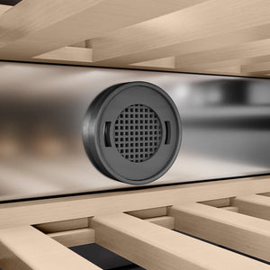 ZLINE Autograph Edition 18 in. 9.0 cu. ft. Triple Zone 68 Bottle Left Hinge Column Wine Cooler in Black Stainless Steel with Polished Gold Accents (RCWVLZ-BS-18-G) carbon filter.